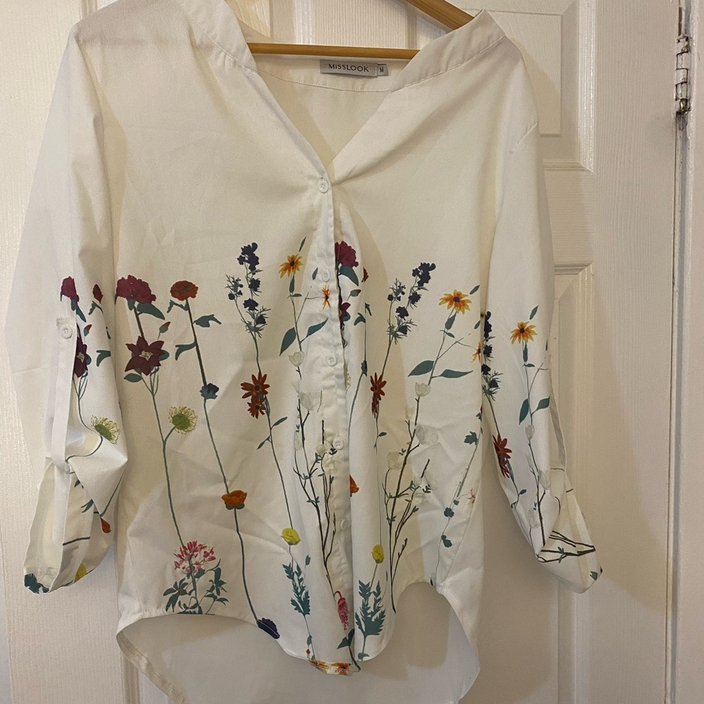 Floral Size M white button down  V Neck